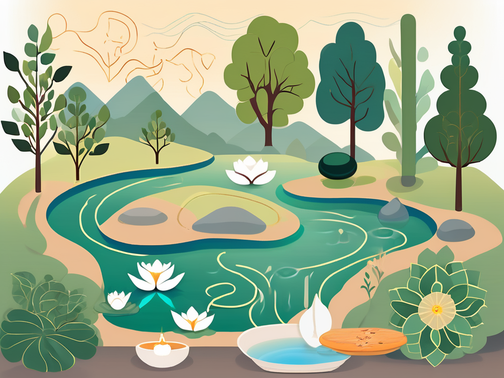 A serene landscape with elements symbolizing the seven methods of relaxing the vagus nerve