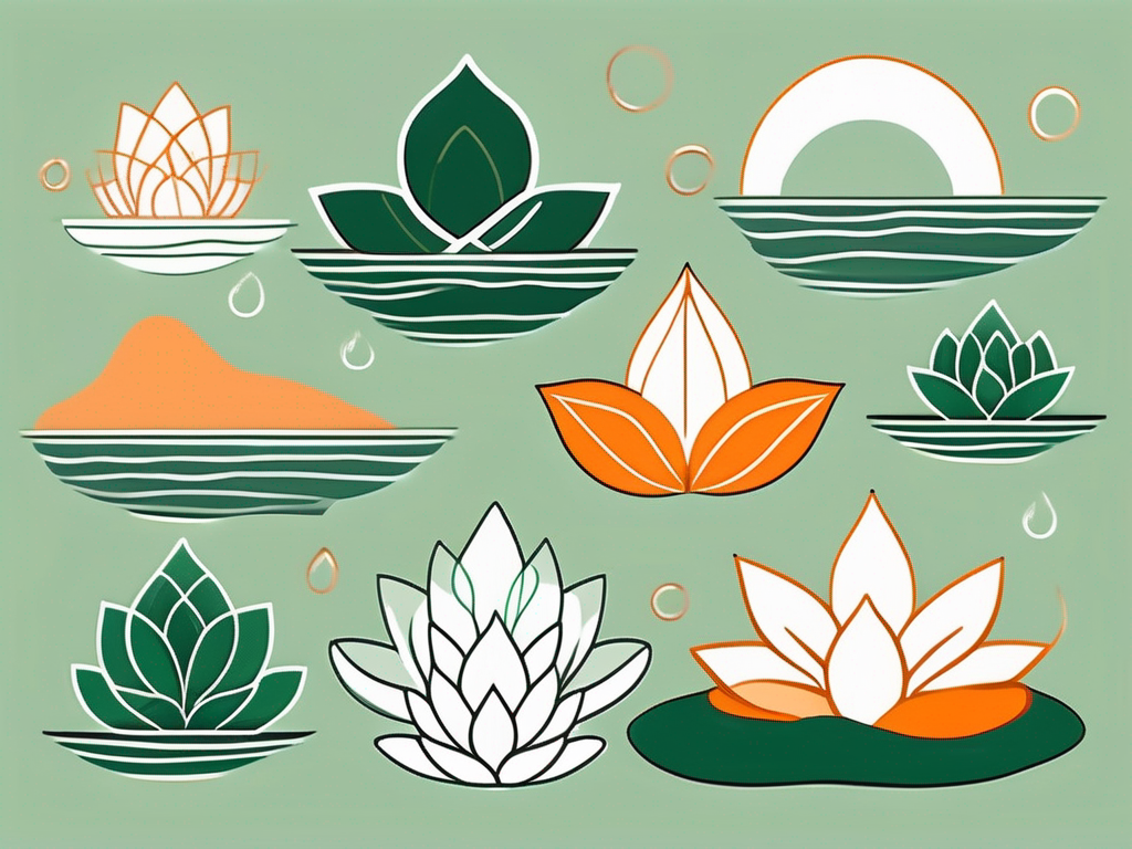 Various symbolic mudras floating in a serene environment