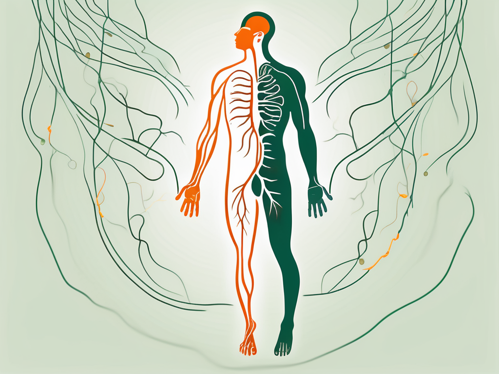 A human silhouette highlighting the digestive system with probiotics and the vagus nerve