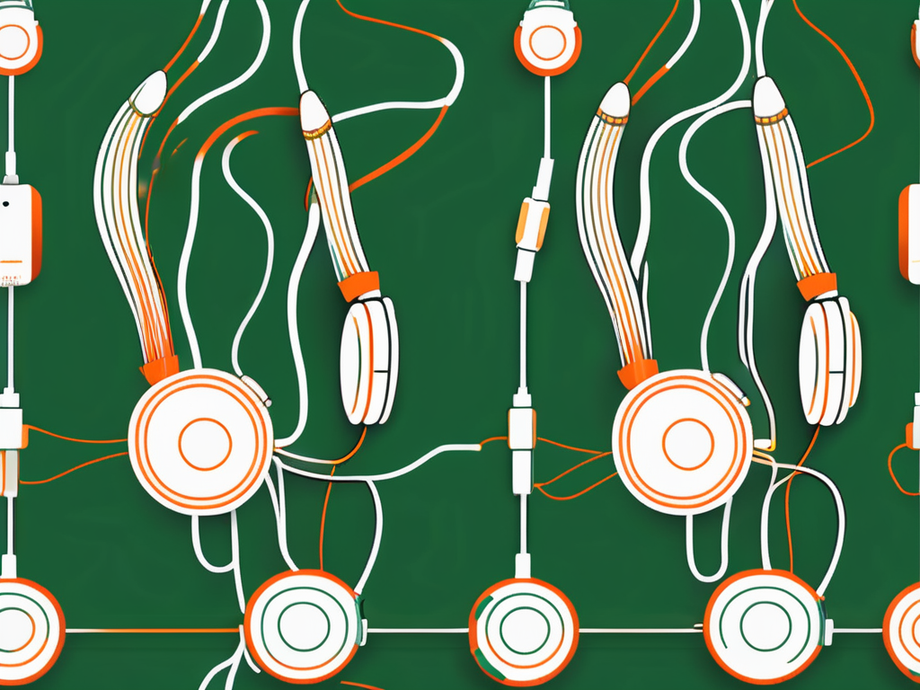 Two headphones emitting different wavelengths to symbolize binaural beats