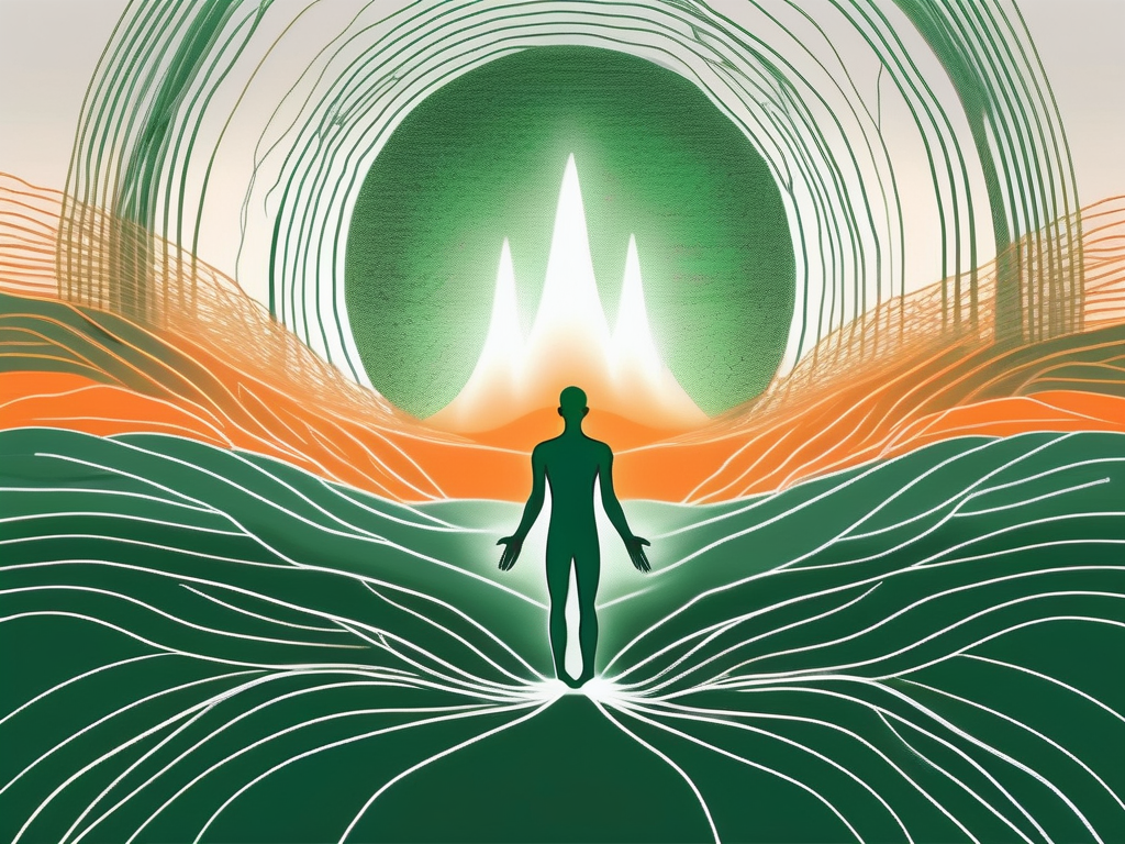 A serene landscape with a human silhouette in a meditative pose