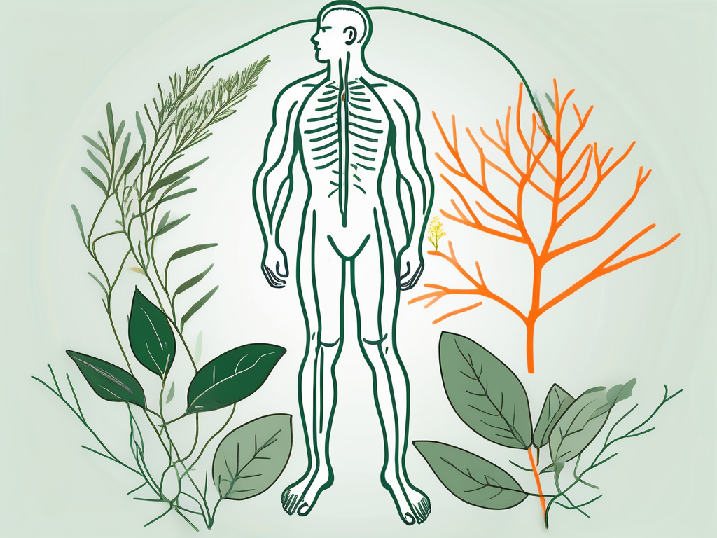 The nervus vagus (vagus nerve) highlighted in the human body with homeopathic elements like herbs and plants subtly incorporated