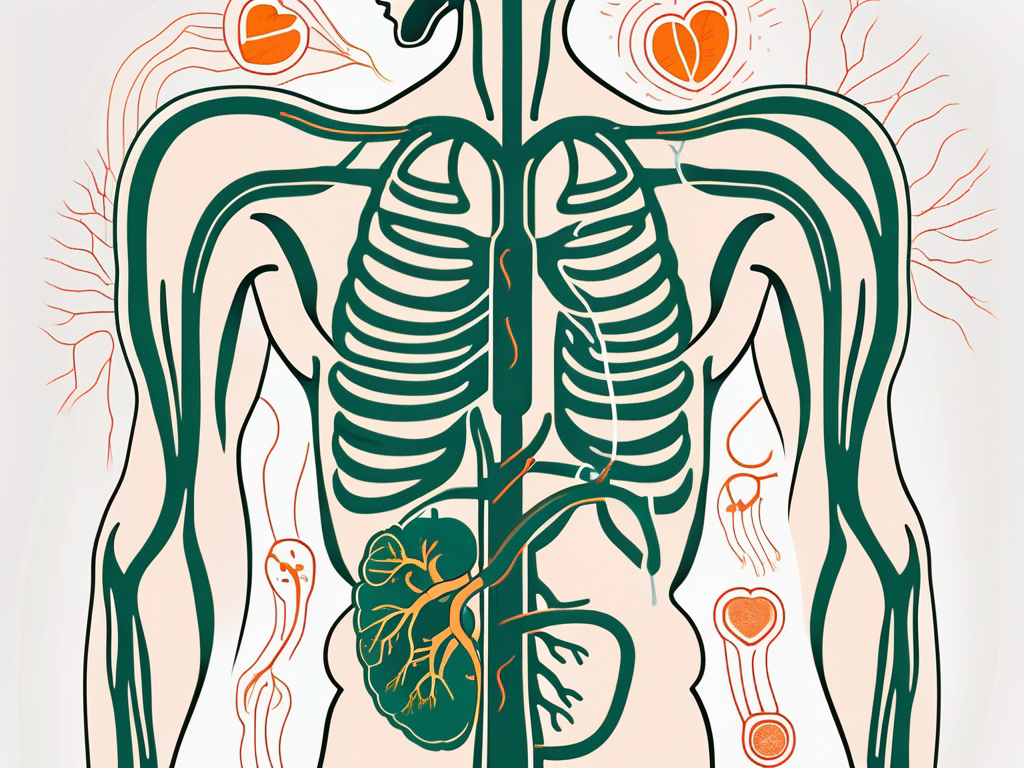 The human body with the vagus nerve highlighted and various organs like the heart