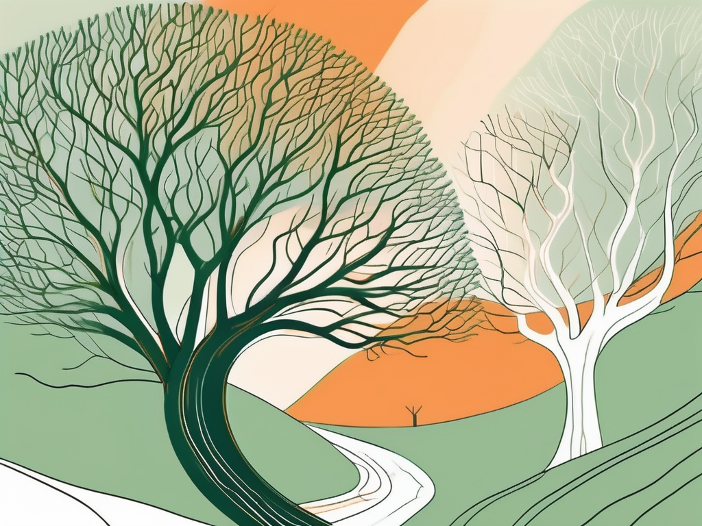 A serene landscape with a highlighted path leading to a symbolic representation of the vagus nerve