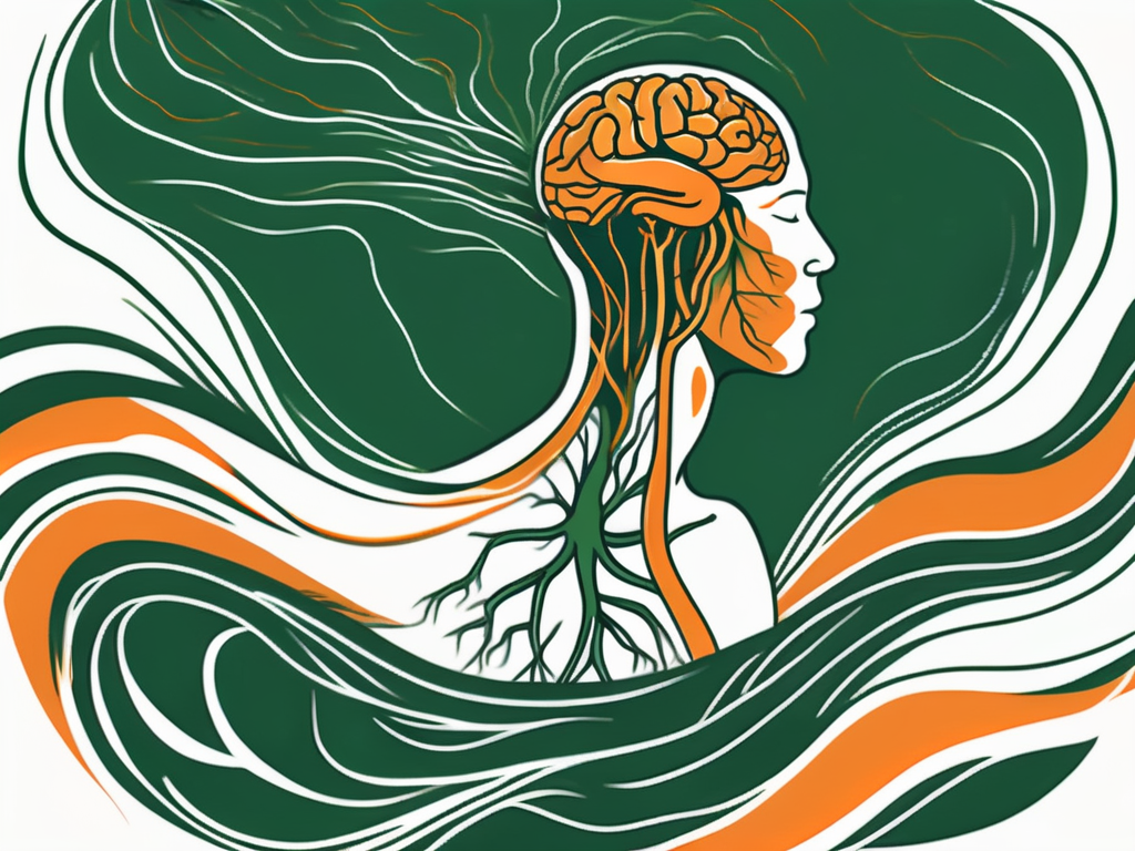 A person's upper body silhouette with a highlighted vagus nerve running from the brain to the stomach