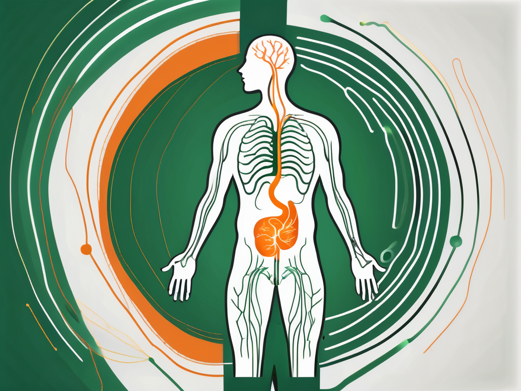 A human body silhouette with a highlighted digestive system