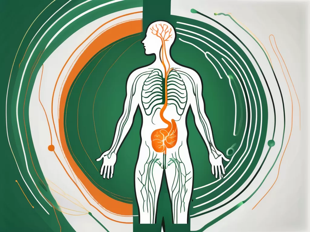 A human body silhouette with a highlighted digestive system