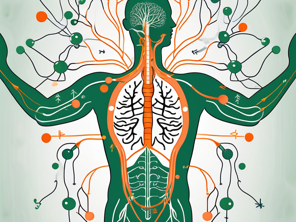 The vagus nerve in the human body with arrows indicating its connection to the stomach and intestines