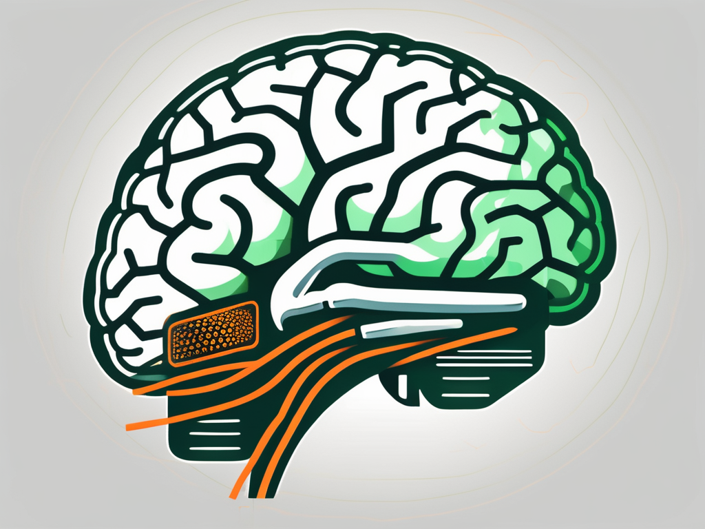 A brain with the vagus nerve highlighted and a small device attached to it