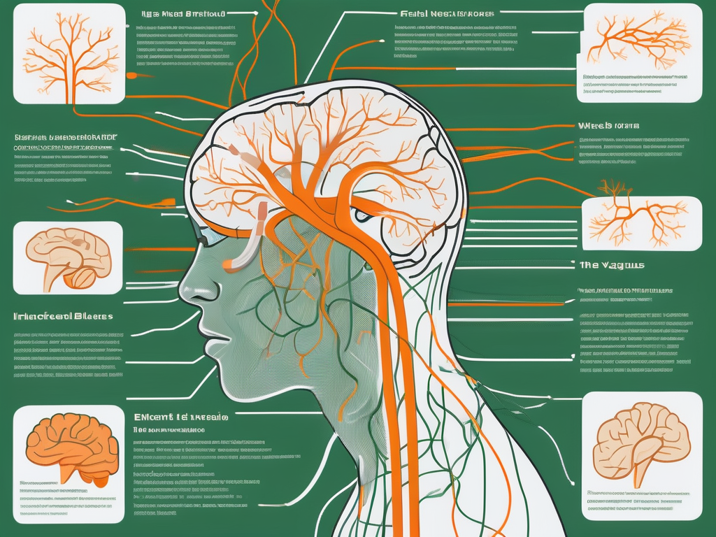 The vagus nerve branching out towards various areas of the brain