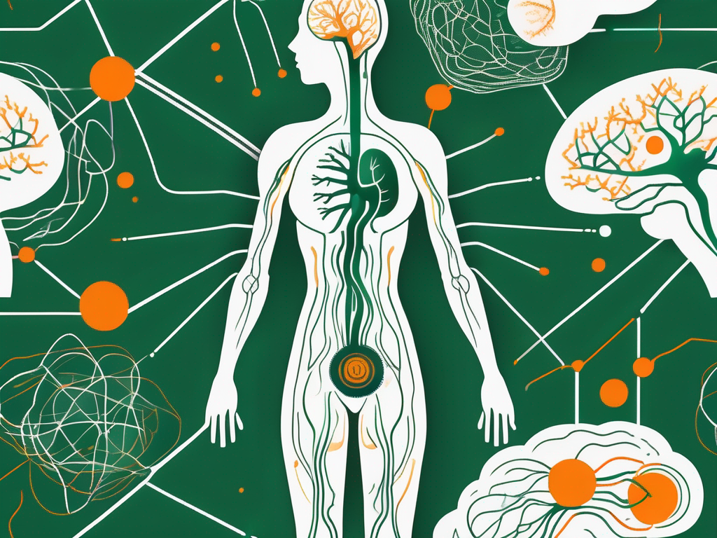 A human body silhouette with a focus on the vagus nerve connecting the brain to the stomach