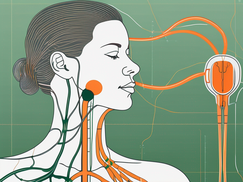 A vagus nerve stimulator device next to a human silhouette showing the placement of the device on the neck