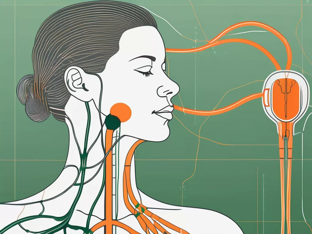A vagus nerve stimulator device next to a human silhouette showing the placement of the device on the neck