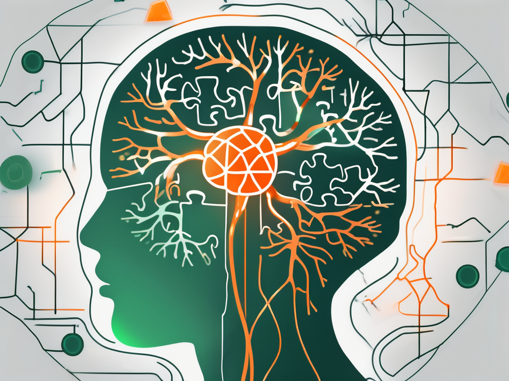 A brain with highlighted vagus nerve and subtle symbols of autism like puzzle pieces