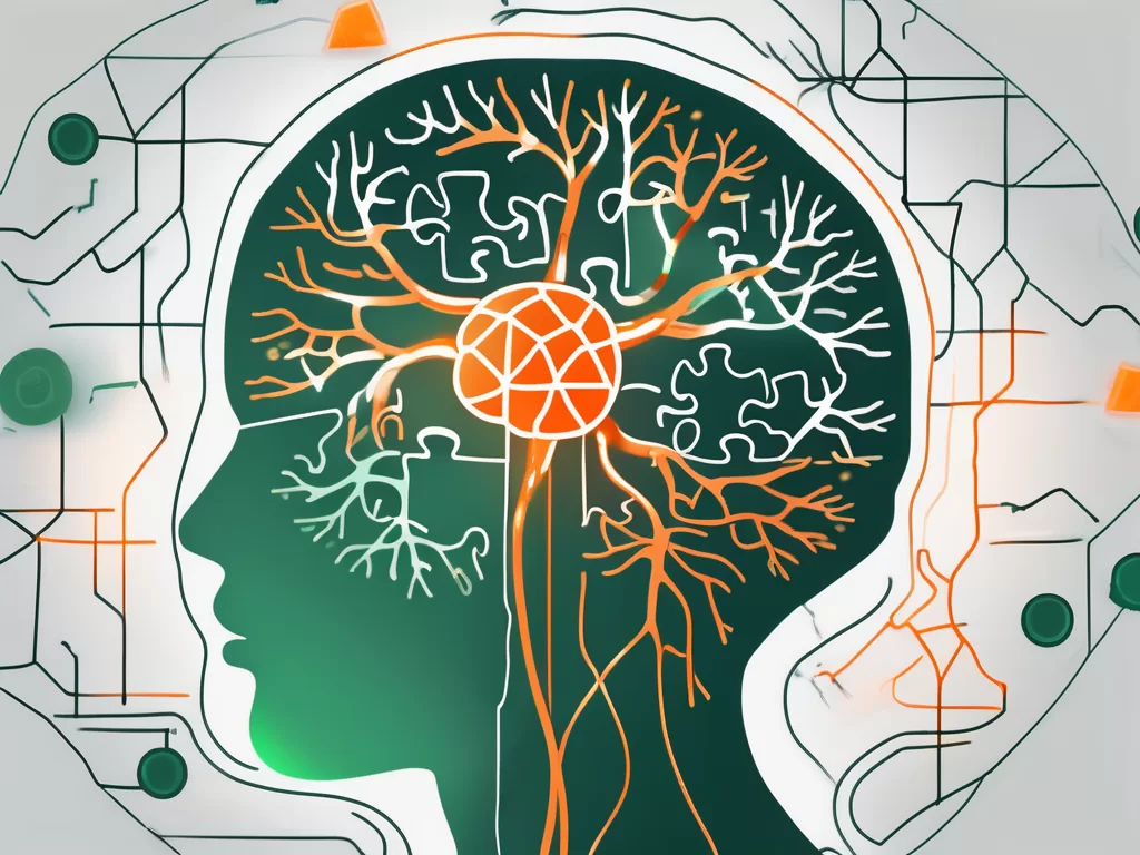 A brain with highlighted vagus nerve and subtle symbols of autism like puzzle pieces