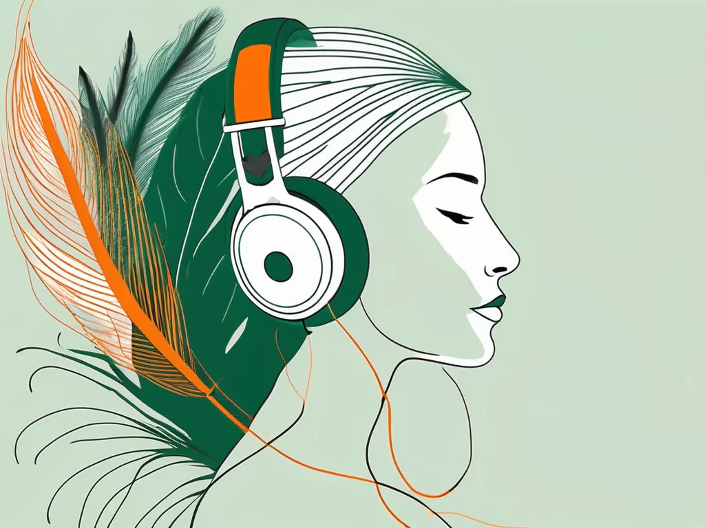 A serene setting with a pair of headphones and a feather gently touching the side of a silhouette