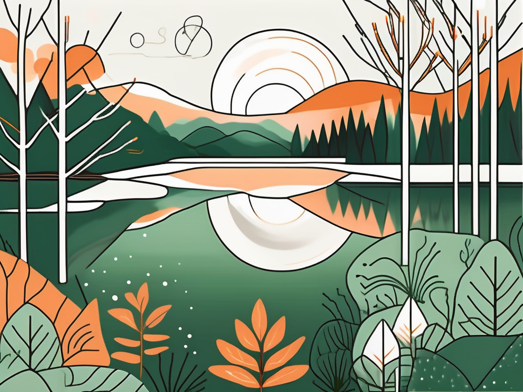 A peaceful landscape with elements representing relaxation and tranquility such as a calm lake