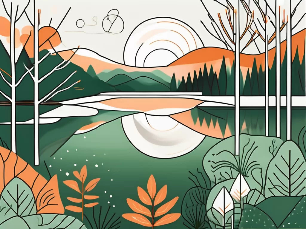 A peaceful landscape with elements representing relaxation and tranquility such as a calm lake
