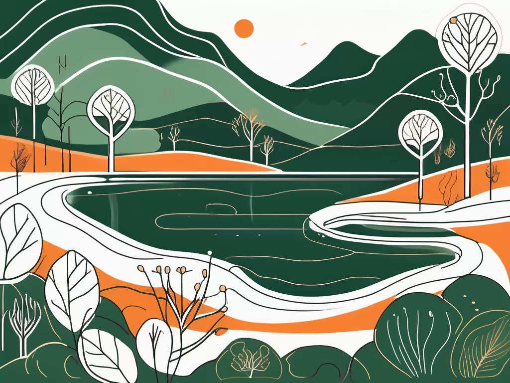 A serene landscape with a focus on natural elements like a tranquil lake and surrounding greenery