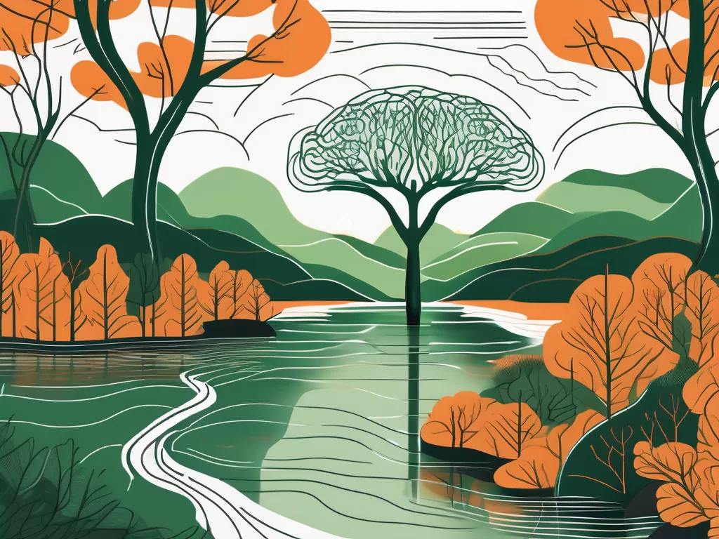 A serene landscape with a focus on the brain and a nerve pathway symbolizing the vagus nerve