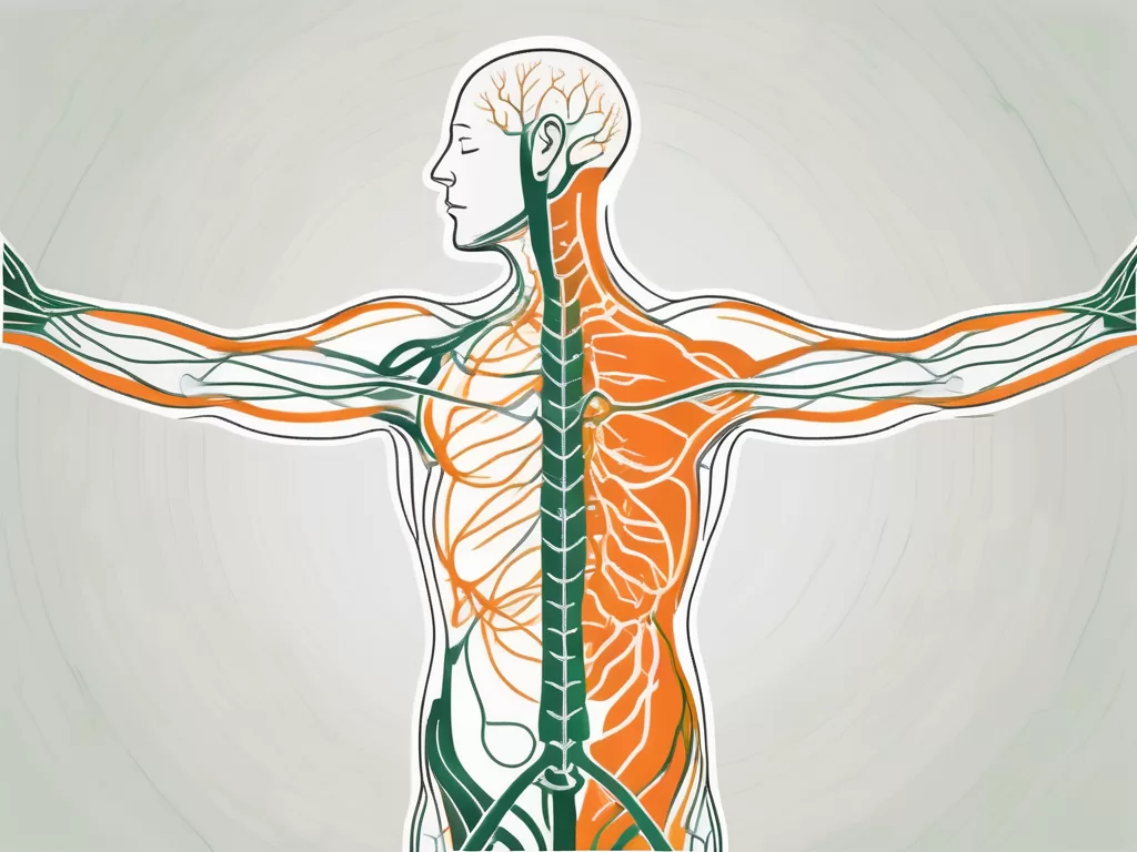 The human body with a highlighted path showing the location and trajectory of the vagus nerve