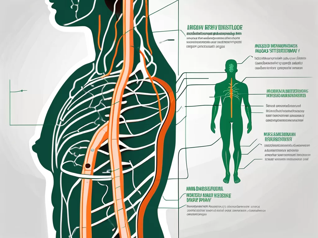 A vagus nerve stimulator device next to a simplified diagram of the human body showcasing the vagus nerve pathway
