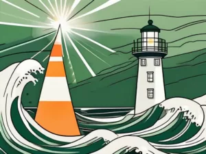 A stormy sea with a lighthouse shining a beam of light