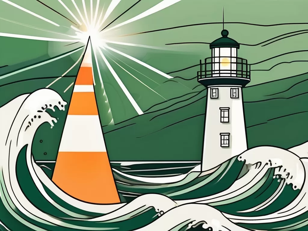 A stormy sea with a lighthouse shining a beam of light